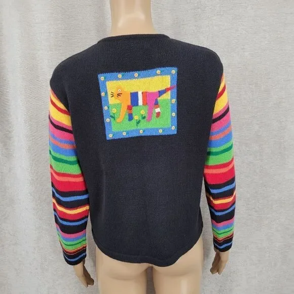 Susan Bristol Colorful Cat Pattern Women's Sweater Cardigan Y2K Patchwork - Picture 9 of 14